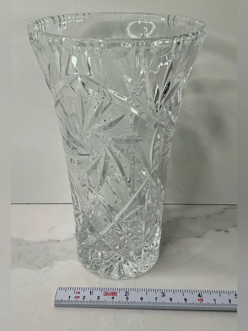 Vintage Thick Lead Crystal Cut Glass Vase Pinwheel Starburst Flared Scallop 7”